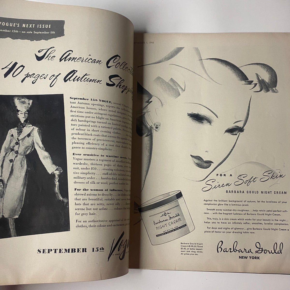 Vogue Magazine September 1, 1942 Meg Mundy by John Rawlings GD Interior - An advertisement showcasing 'Barbara Gould Night Cream' with a drawing of a sophisticated woman, emphasizing skincare and beauty.