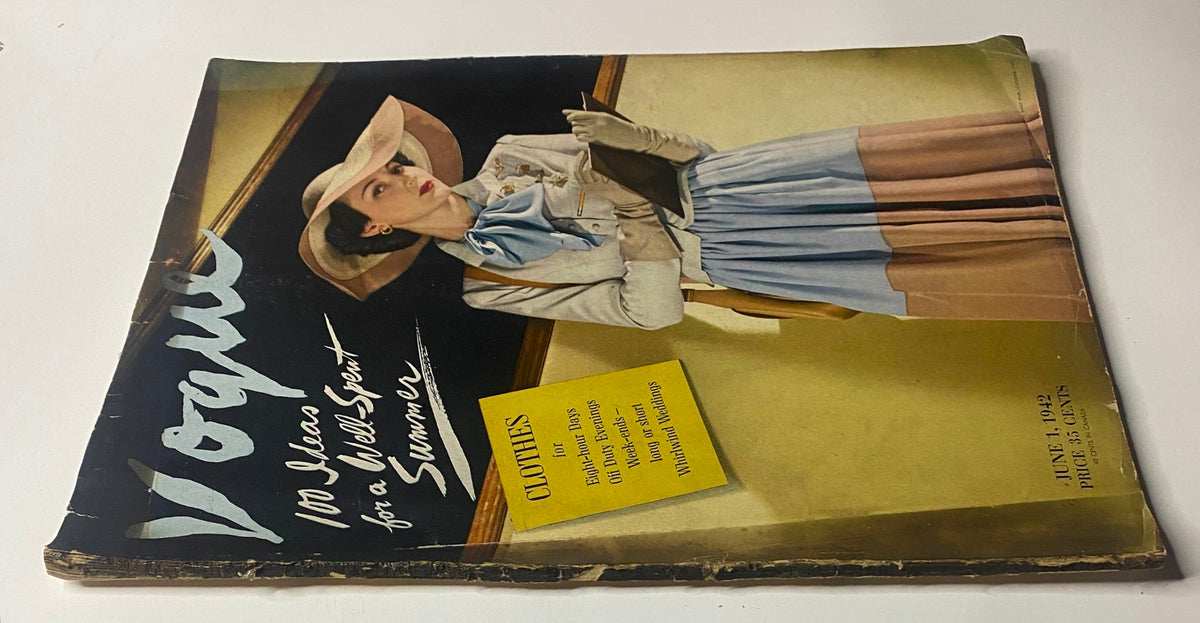 Vogue Magazine June 1, 1942 with a close-up of Betty McLauchlen on the cover, presenting 100 Ideas for a Well-Spent Summer. Vintage design highlighted by soft colors.
