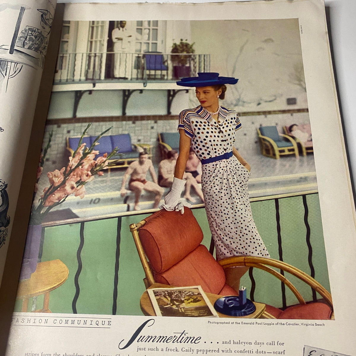 Fashion photograph from Vogue Magazine June 1, 1942 featuring a model in a polka dot dress and wide-brimmed hat at the Emerald Pool Loggia in Virginia Beach.