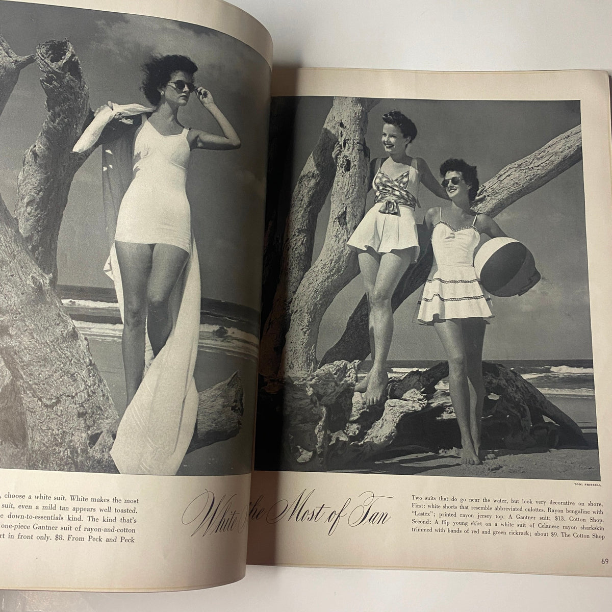 Three women in swimsuits at the beach, enjoying the sun, depicted in Vogue Magazine June 1, 1942 under the section 'Make the Most of Sun'.