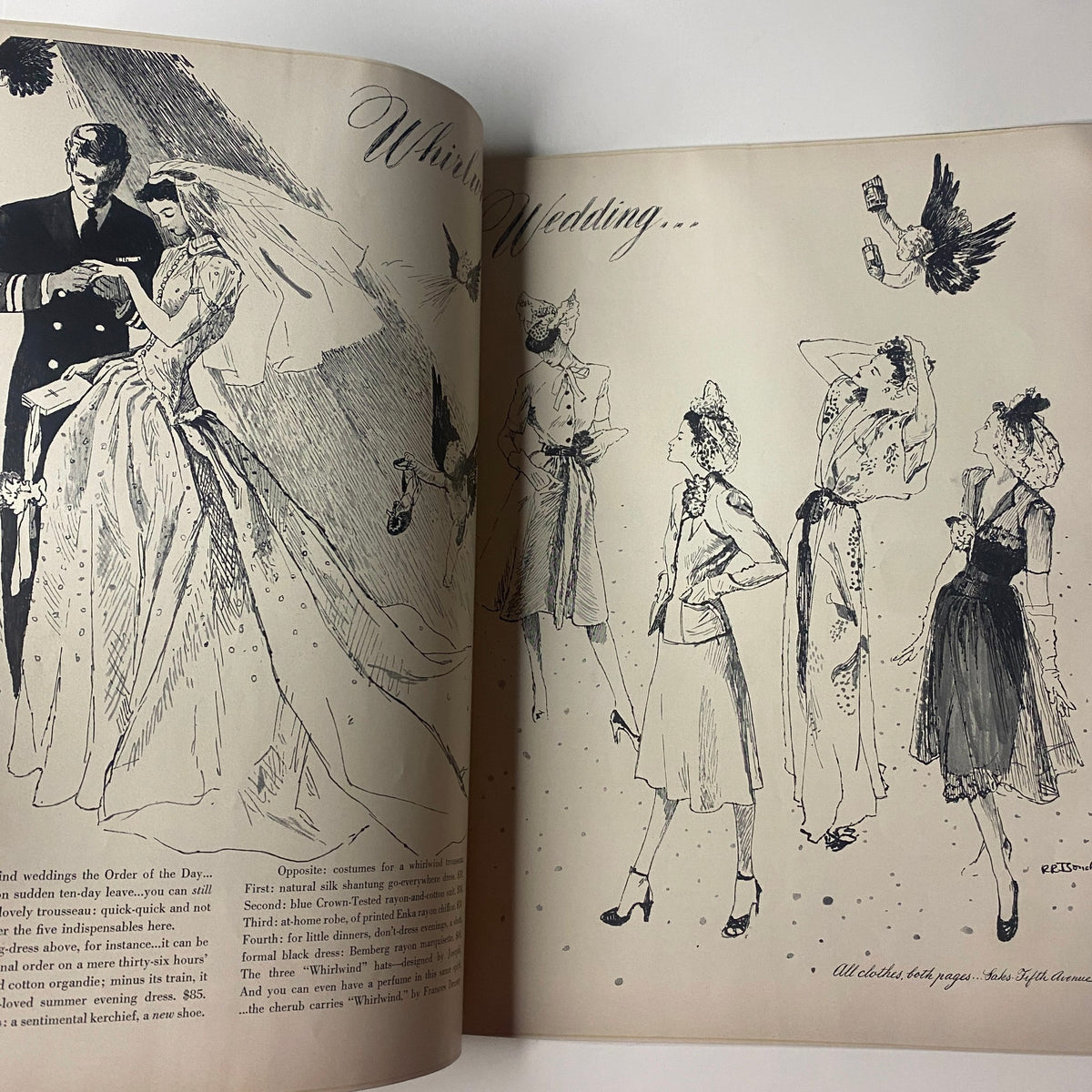 Artistic illustrations of wedding dresses and attire featured in Vogue Magazine June 1, 1942, titled 'Whitening Wedding...'. Bride with groom sketch and various fashion illustrations.