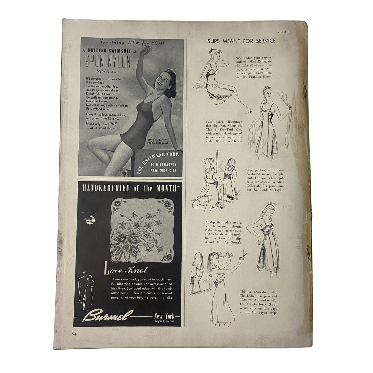 Vintage advertisement page featuring 'Something New for You' with a model showcasing a knitted swimsuit made of spun nylon, from Vogue Magazine June 1, 1942 by Betty McLauchlen, photographed by John Rawlings. The page also includes illustrations for dress styles, including slips meant for service and garment designs, emphasizing classic mid-century fashion.
