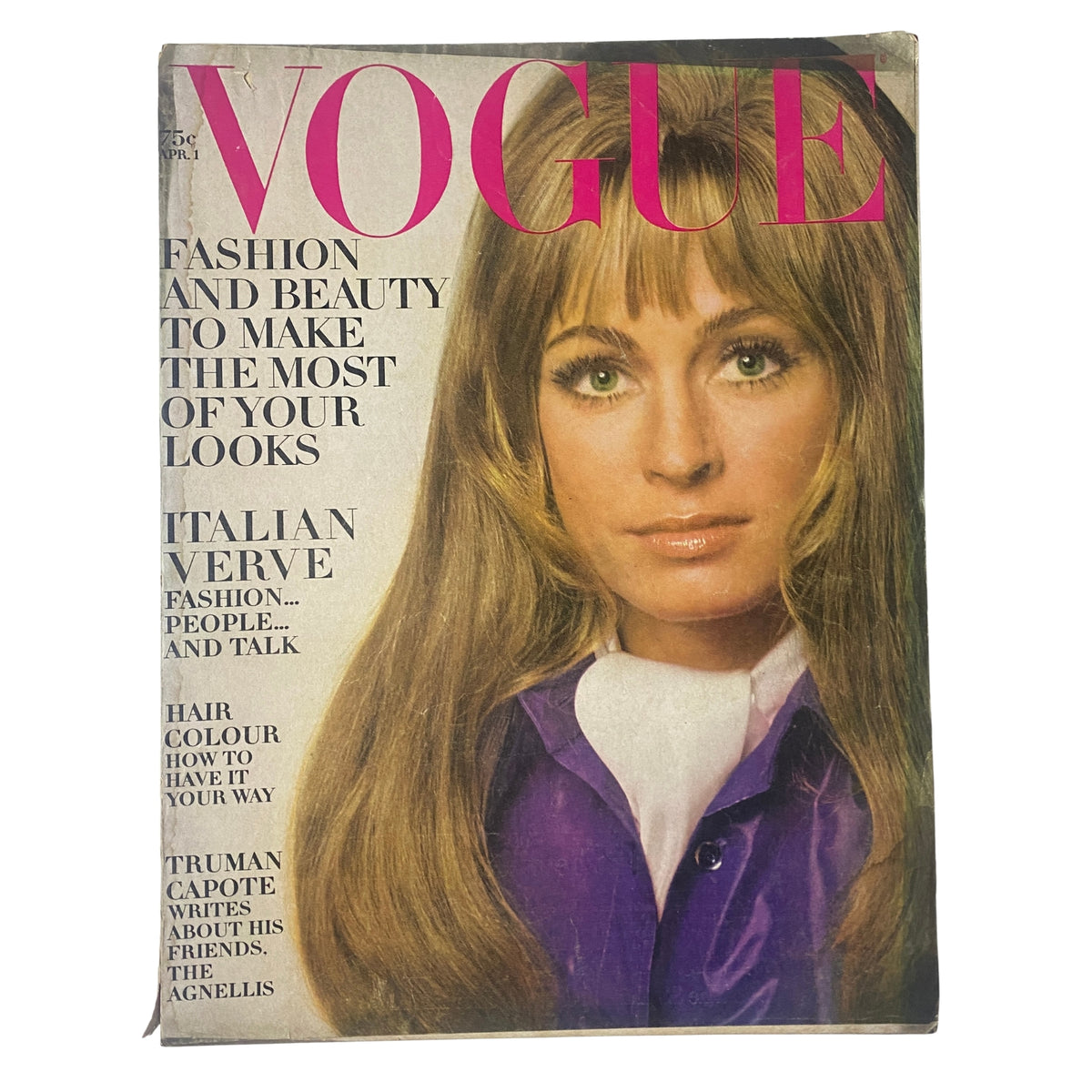 Vogue Magazine cover featuring Suzy Kendall, April 1, 1969. The cover showcases the title 'VOGUE' and highlights fashion and beauty tips, emphasizing Italian style. Photographed by David Bailey, this vintage issue reflects mid-century aesthetics.