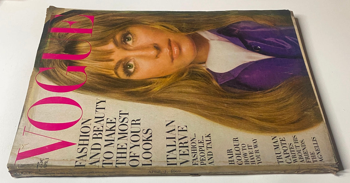 Vogue Magazine cover, April 1, 1969, showcasing Suzy Kendall. The cover reads 'FASHION AND BEAUTY TO MAKE THE MOST OF YOUR LOOKS' and includes features on Italian fashion and beauty, captured by photographer David Bailey.