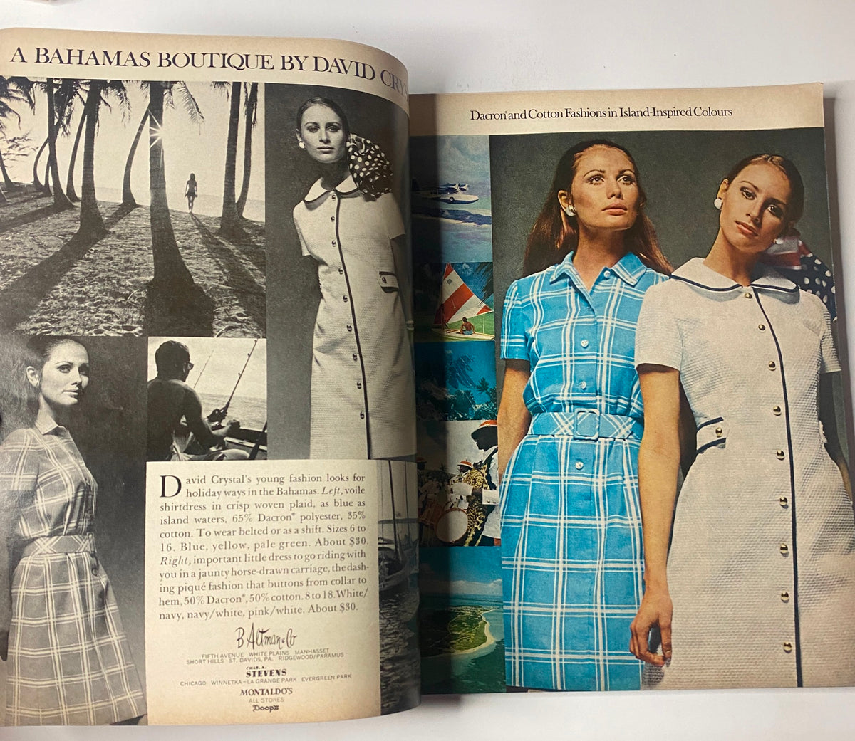 Vogue Magazine April 1, 1969 Suzy Kendall Cover by David Bailey, illustrating a fashion spread with models showcasing summer dresses in vibrant patterns.