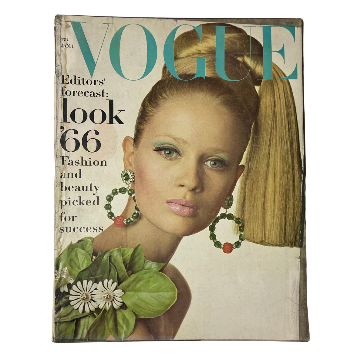 Cover of Vogue Magazine dated January 1, 1966, featuring model Celia Hammond. The issue highlights the Editors' forecast for the year, labeled 'Look ’66', focusing on fashion and beauty trends for success. Captured by renowned photographer Irving Penn.