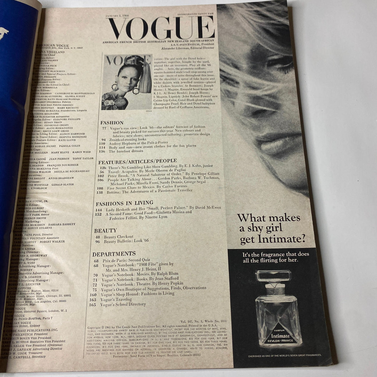 Interior page of Vogue Magazine January 1, 1966 featuring the table of contents and a fashion editorial layout, highlighting major fashion topics and articles.