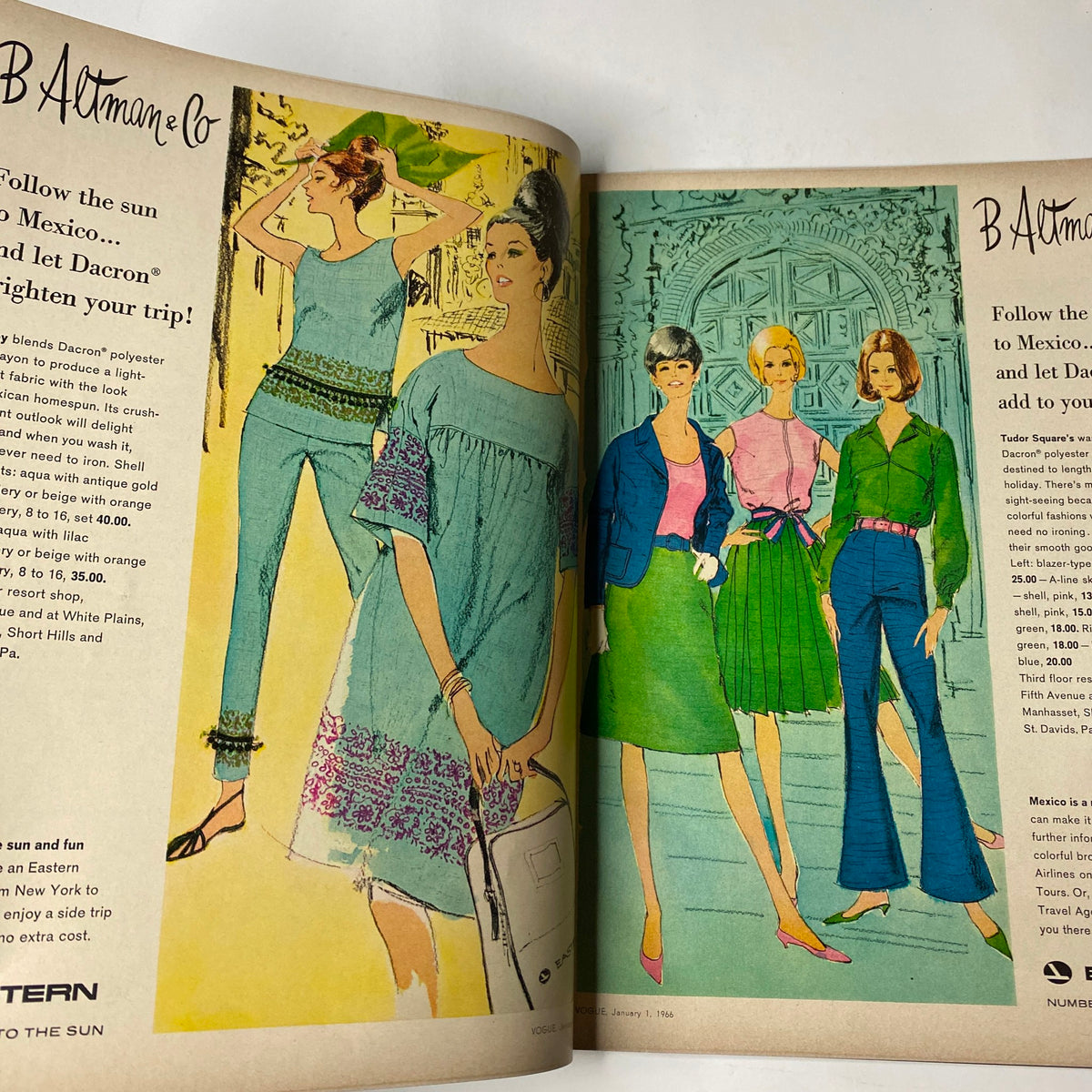 Vogue Magazine January 1, 1966 features a colorful advertisement for B Altman & Co, showcasing various fashion styles perfect for a trip to Mexico.