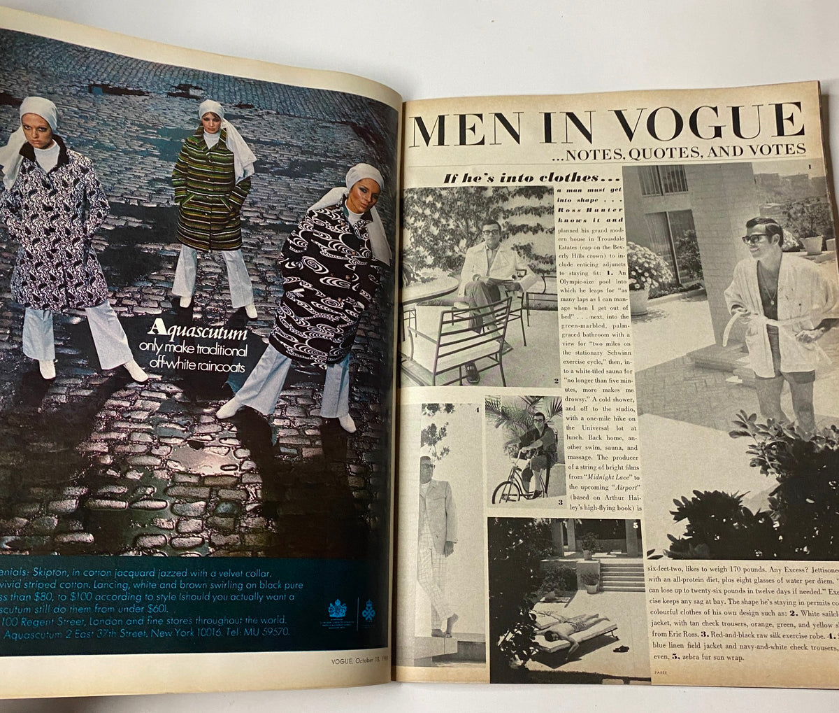 Vogue Magazine October 15, 1969 Susanne Schöneborn Cover by Irving Penn displaying male models in traditional and modern aquatic themed attire, emphasizing new men's fashion trends.