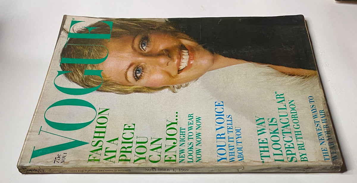 Close-up of the Vogue Magazine cover from November 1, 1969 showcasing Susanne Schöneborn. The cover emphasizes accessible fashion with headlines and features by various cultural icons.