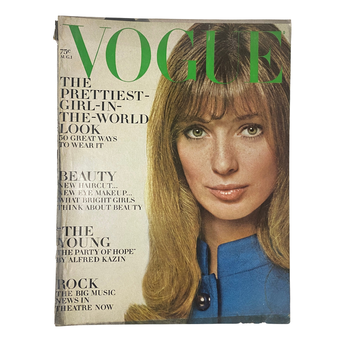 Vogue Magazine cover from August 1, 1968 featuring Joanna Shimkus, photographed by David Bailey, highlighting the theme 'The Prettiest-Girl-in-the-World Look'.