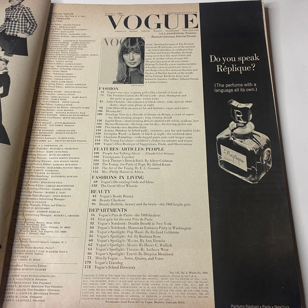 Interior page of the August 1, 1968 Vogue Magazine displaying the table of contents, highlighting features on fashion, culture, and articles by various authors.