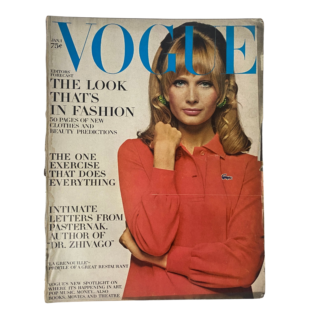 Vogue Magazine cover from January 1, 1968 featuring Sue Murray and the title 'The Look That's in Fashion'. Iconic design by Bert Stern showcasing vintage fashion aesthetics.
