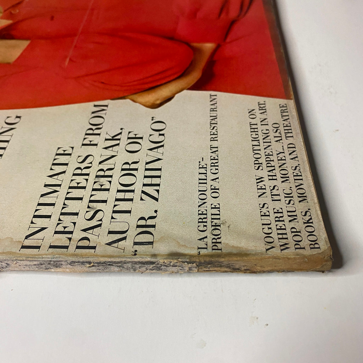 Detailed view of the Vogue Magazine January 1, 1968 cover, emphasizing the text about content including 'Intimate Letters from Pasternak' and the author's mention of 'Dr. Zhivago'.