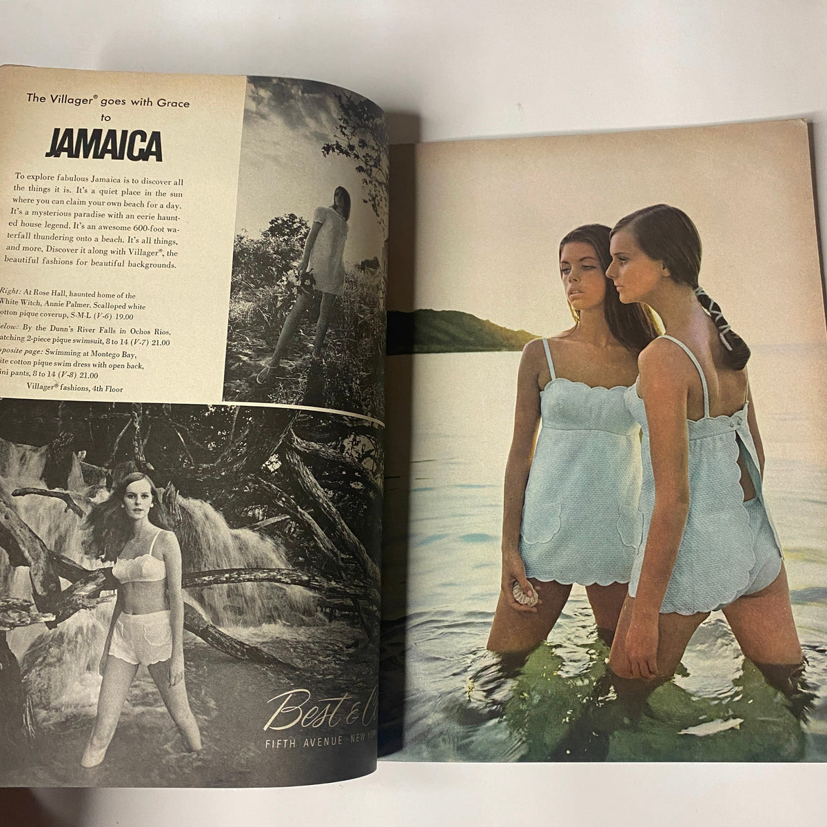 Two models wearing light blue swimwear in a nature setting, featured in Vogue Magazine January 1, 1968, embodying the relaxed elegance of 60s resort fashion.