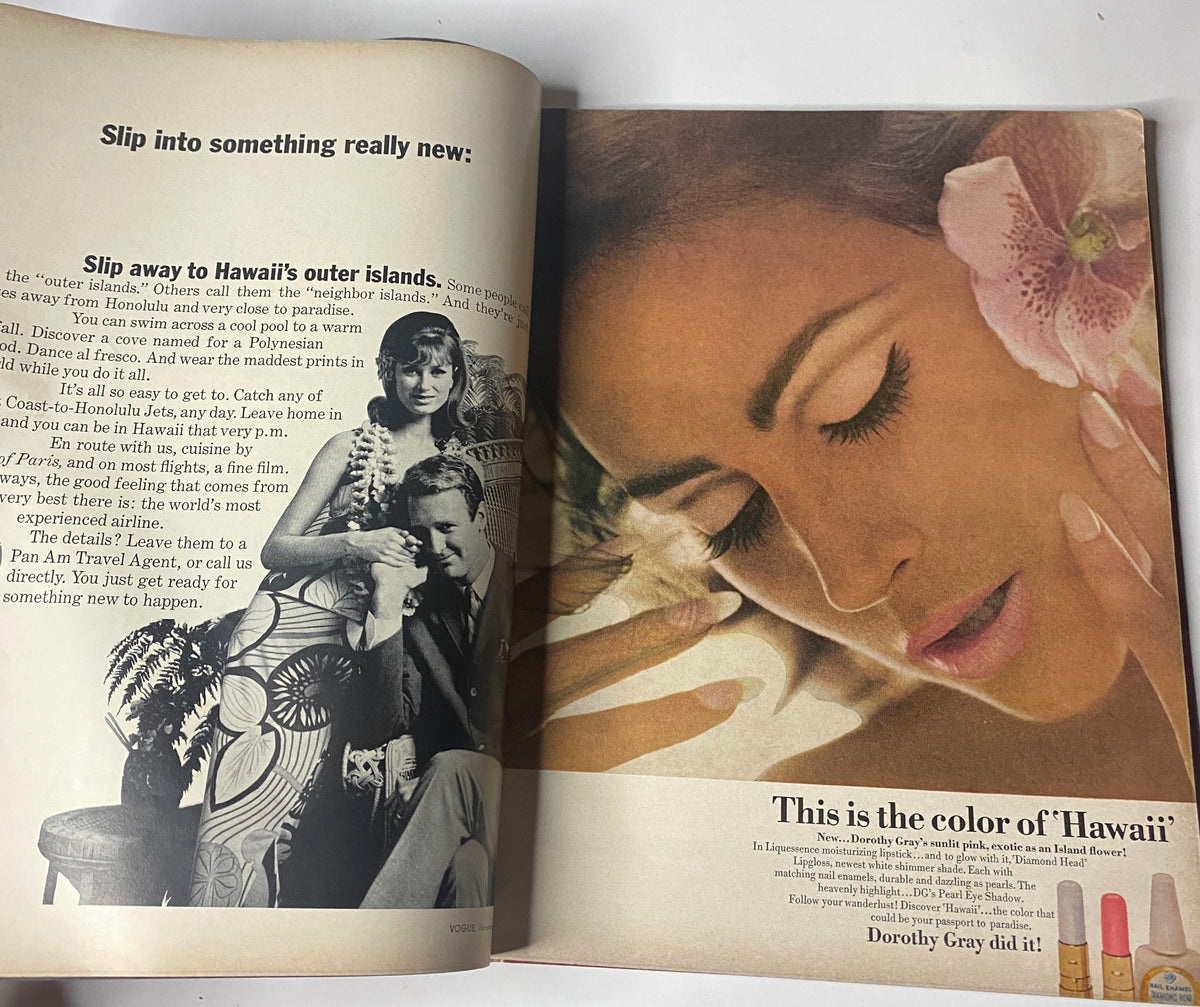 Vogue Magazine November 1, 1966 advertisement for Hawaiian beauty products, highlighting tropical themes and fashion.