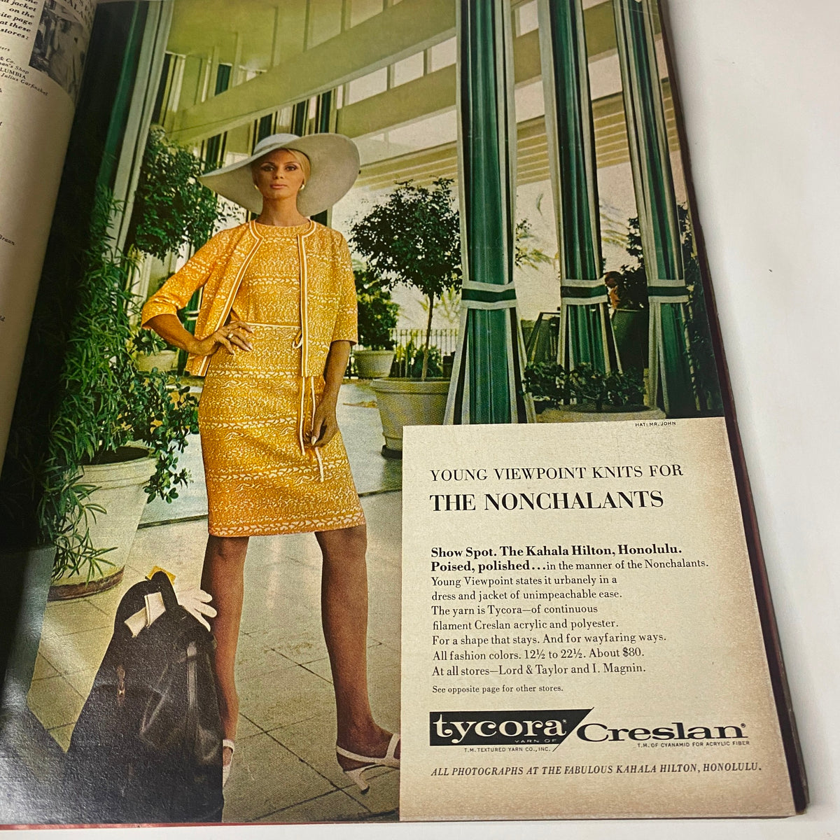 Fashion advertisement from Vogue Magazine November 1, 1966, showcasing a young model in vibrant attire at the Kahala Hilton, Honolulu.
