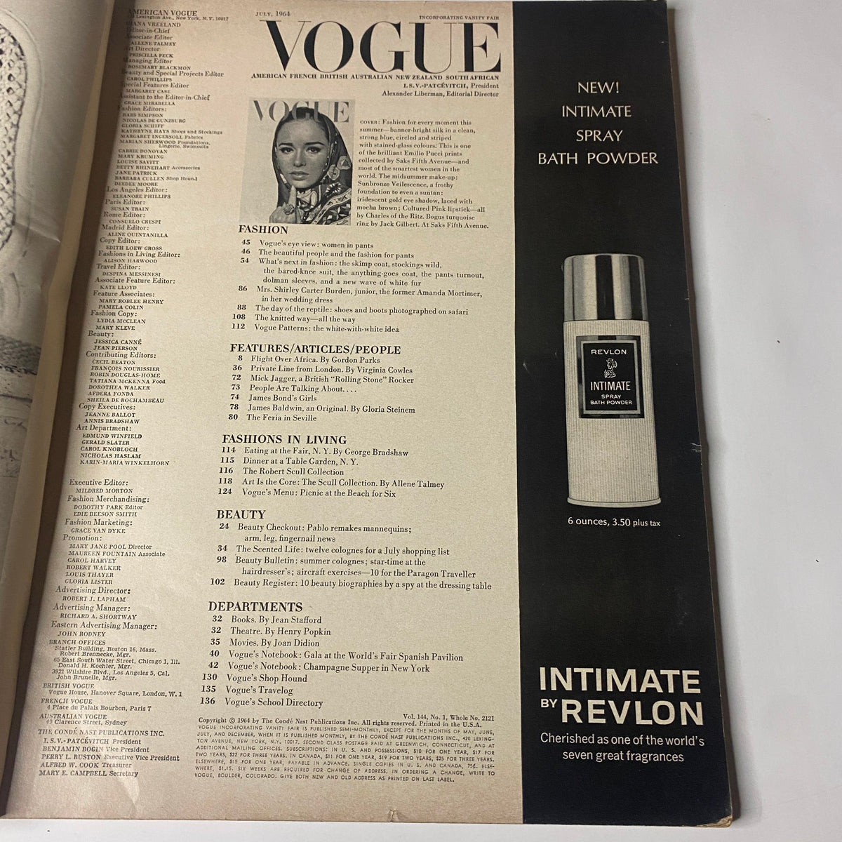 Inside page of the July 1964 Vogue Magazine showcasing an advertisement for Revlon's Intimate Spray Bath Powder, reflecting the era's beauty trends along with a profile photo.