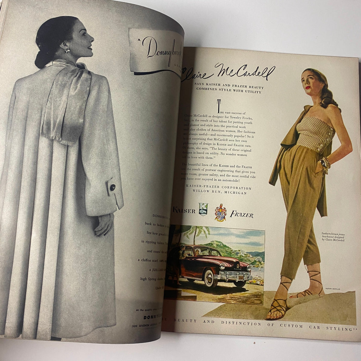 Fashion illustration in Vogue Magazine February 1, 1948 Americana Number 1948, featuring Claire McCardell's designs with a vintage automobile backdrop.