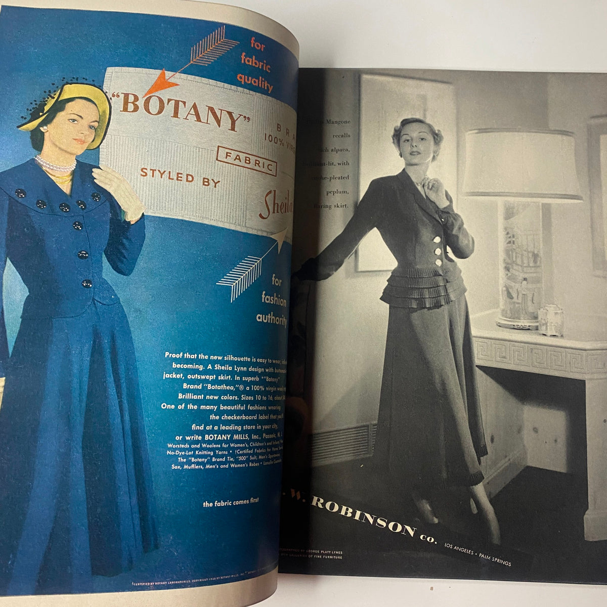 Advertisement spread in Vogue Magazine February 1, 1948 Americana Number 1948, showcasing stylish outfits from the 1940s.
