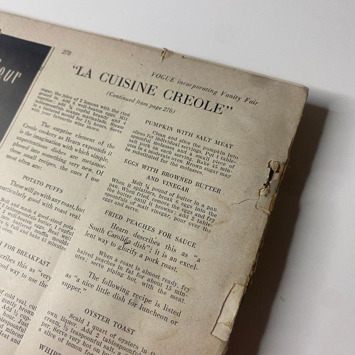 Vogue Magazine February 1, 1948 Americana Number 1948 GD Interior, featuring a page titled 'LA CUISINE CREOLE' with a recipe for Pumpkin with Salt Meat, showcasing vintage magazine styling and wear.