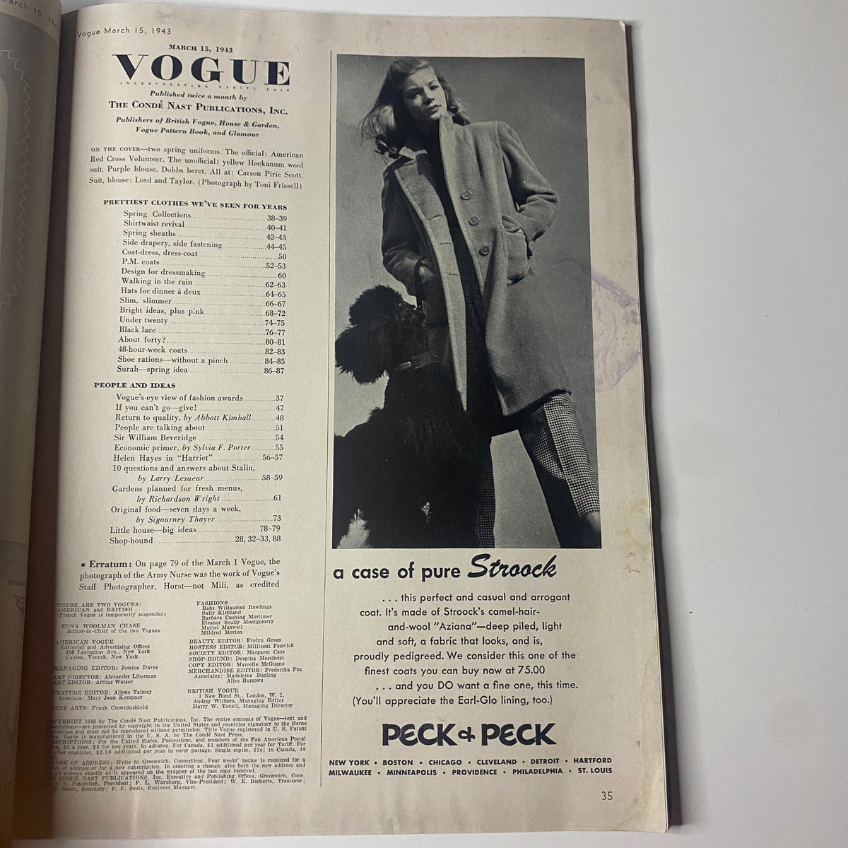 Vogue Magazine March 15, 1943 Dana Jenney, Sabine Weber GD Interior - The table of contents page showcasing various fashion articles and advertisements.
