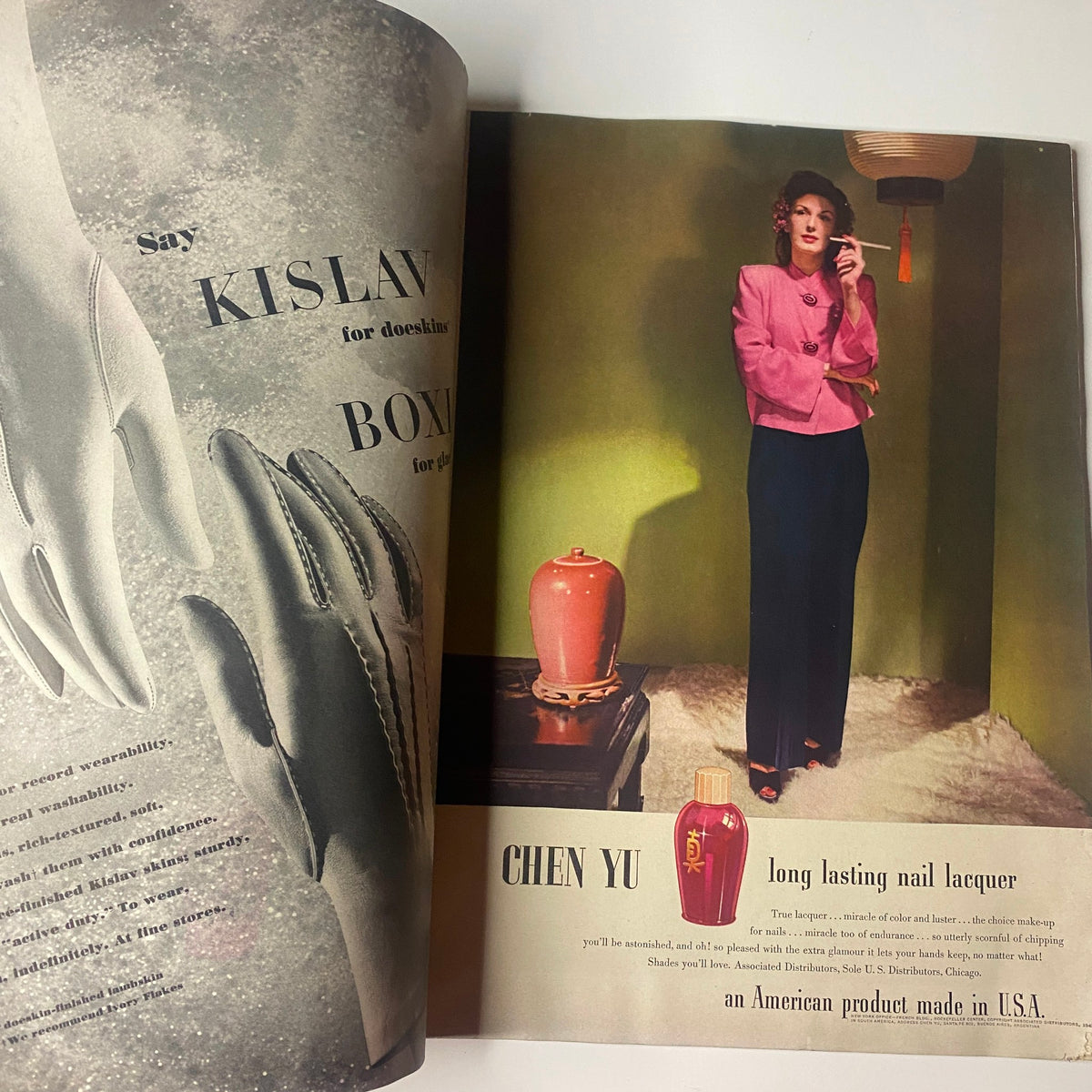 Vogue Magazine March 15, 1943 Dana Jenney, Sabine Weber GD Interior - Advertisement for Chen Yu long-lasting nail lacquer with a model wearing a stylish outfit.