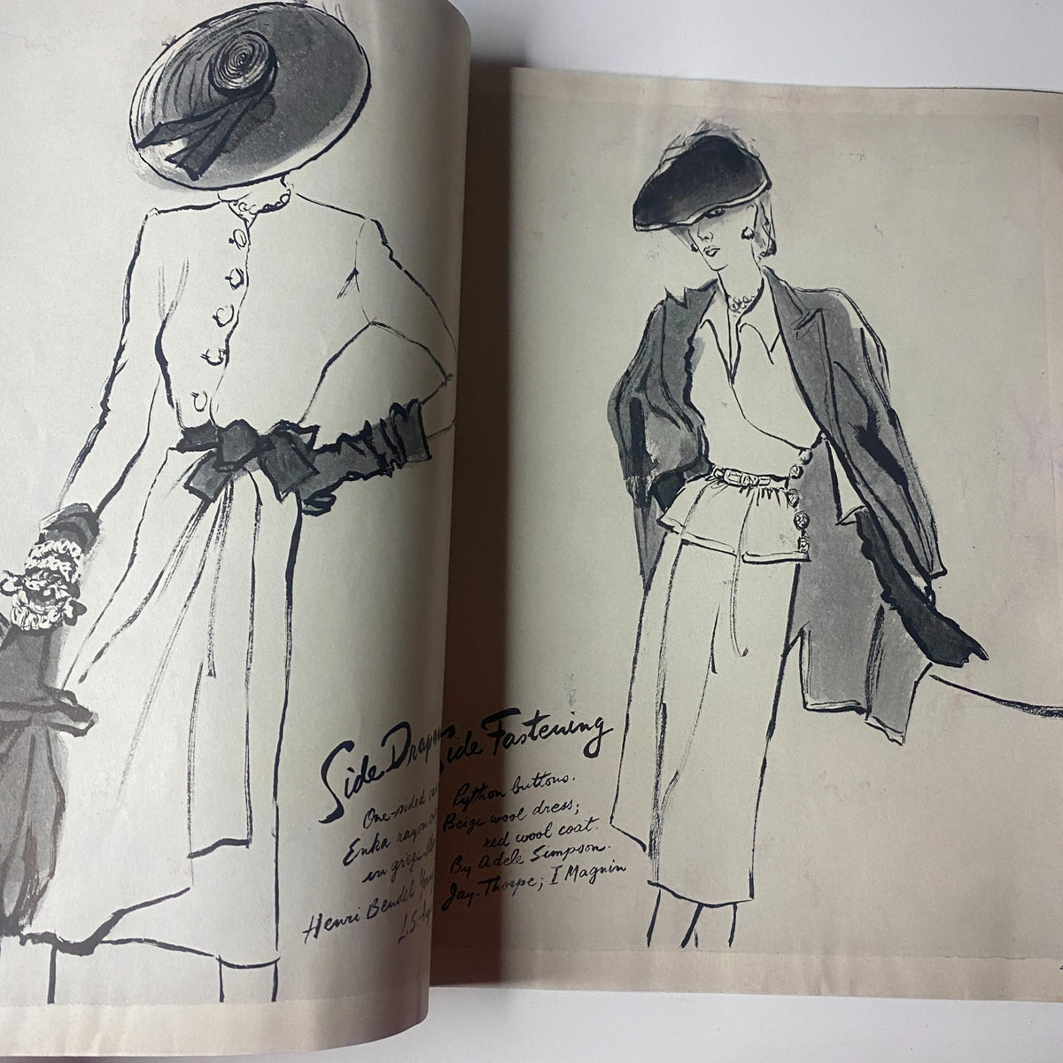 Vogue Magazine March 15, 1943 Dana Jenney, Sabine Weber GD Interior - Fashion sketches of a coat and outfit showcasing vintage design elements.