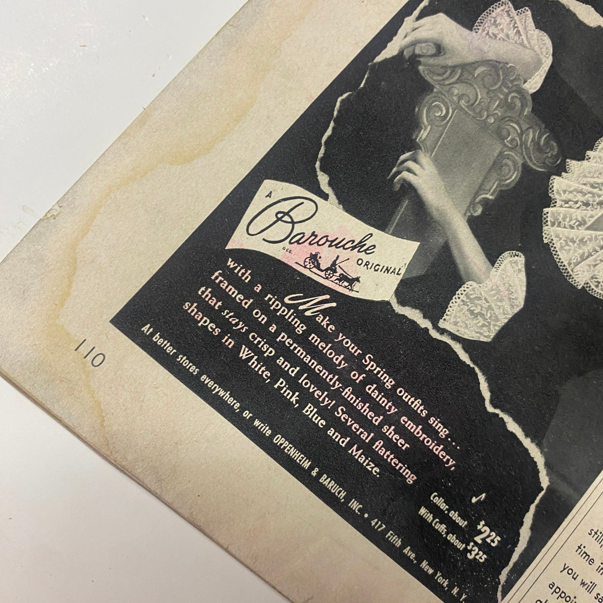 Vogue Magazine March 15, 1943 featuring an advertisement for Barouche Original clothing, showcasing a stylish model wearing a hat. This vintage magazine page reflects mid-century fashion trends.