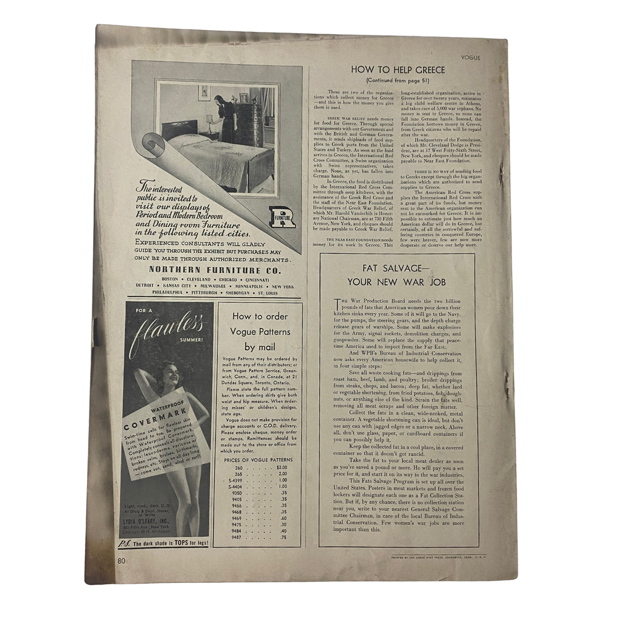 Interior page of Vogue Magazine August 1, 1942, displaying articles on home furnishing and a Vogue address, capturing the essence of mid-century magazine content.