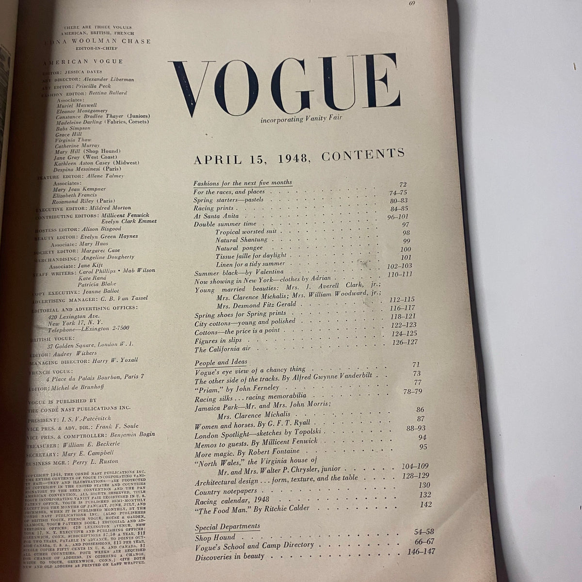 Interior page of Vogue Magazine April 15, 1948 displaying the contents section, presenting articles and fashion features relevant to the time.