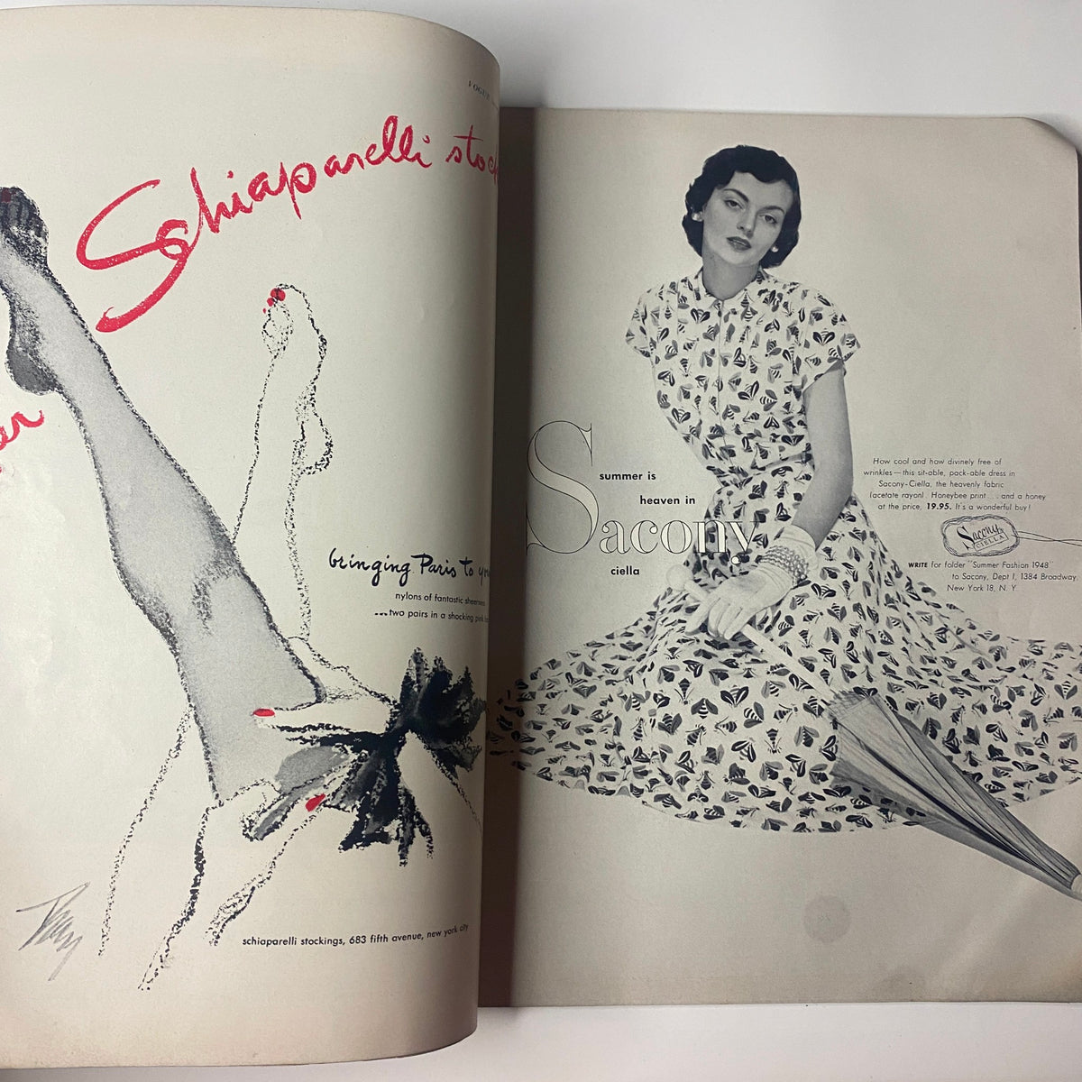 Vogue Magazine April 15, 1948 showcasing a creative advertisement for Schiaparelli stockings, highlighting bold designs and a chic model in a summer dress with an umbrella.