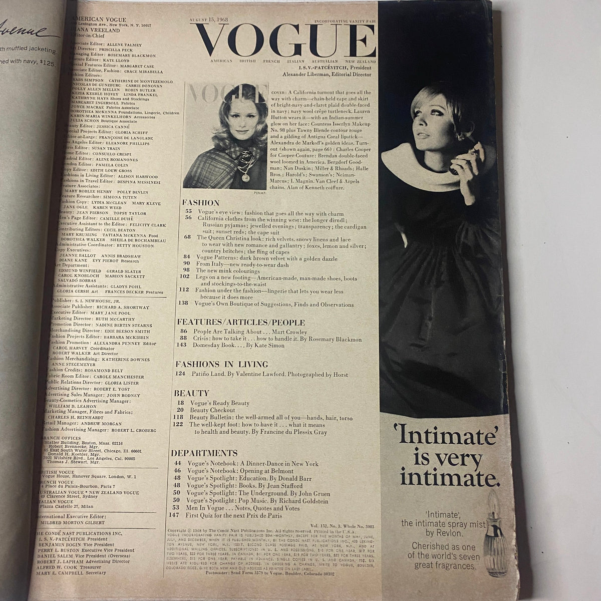 Table of contents page from Vogue Magazine August 15, 1968 featuring fashion, beauty, and various articles including Vogue’s Notebook.