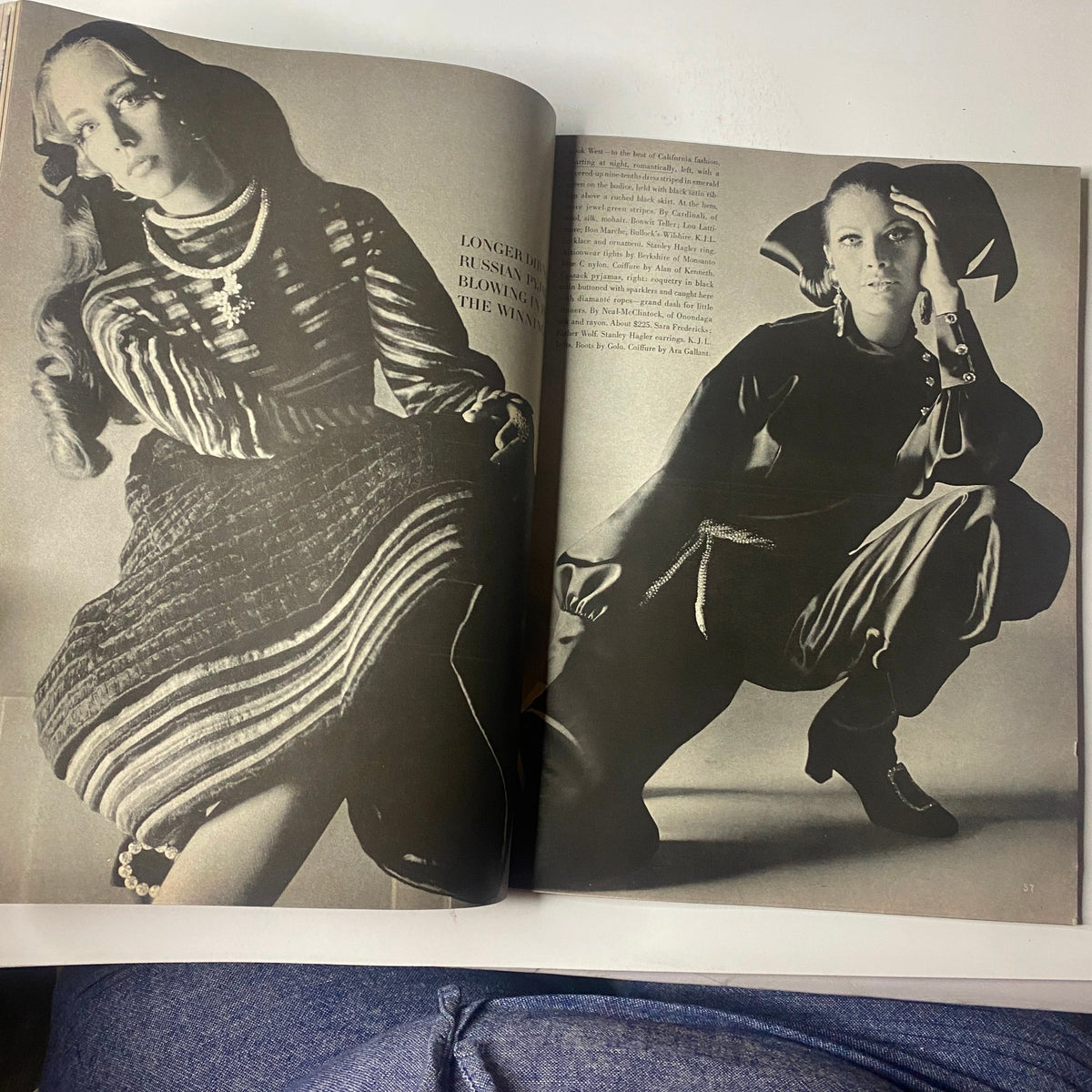 High fashion editorial spread from Vogue Magazine August 15, 1968 showcasing models in bold clothing styles, highlighting 1960s fashion trends.