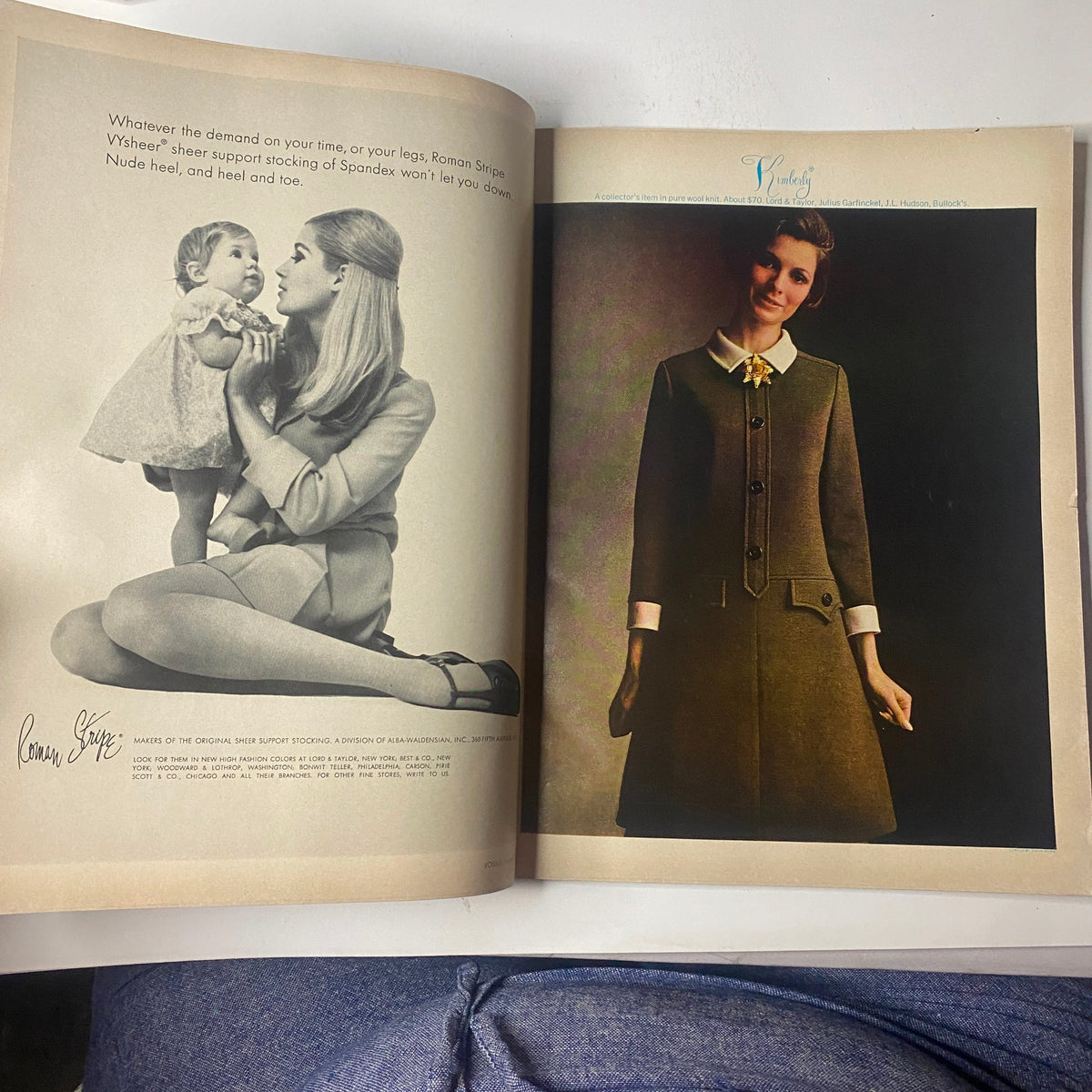 Advertisement and editorial spread from Vogue Magazine August 15, 1968 featuring a model with a child, illustrating family-focused fashion of the era.