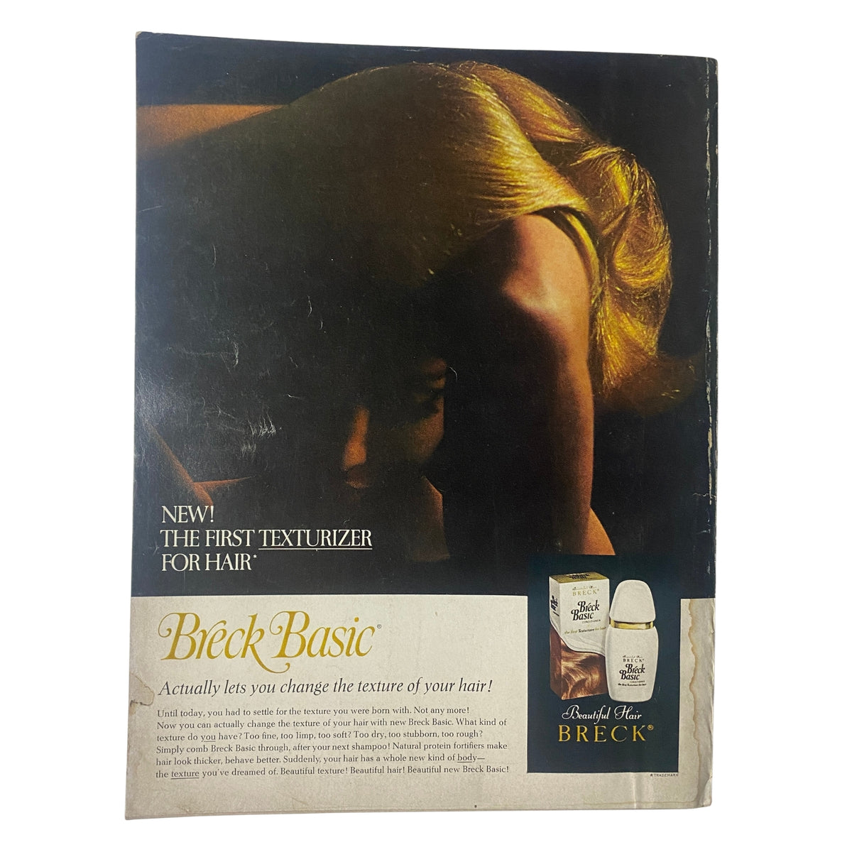 The back cover of Vogue Magazine August 15, 1968 Lauren Hutton Cover by Gianni Penati, featuring an advertisement for Breck Basic hair texturizer.