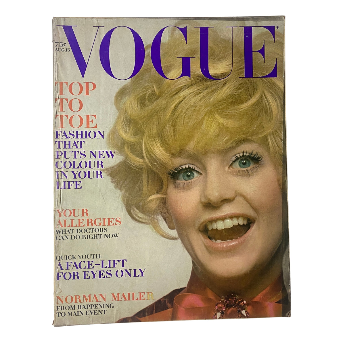 Vogue Magazine cover from August 15, 1969 featuring Goldie Hawn, captured by photographer Irving Penn. The cover highlights the theme 'Top to Toe' with an emphasis on vibrant fashion and a light-hearted style.