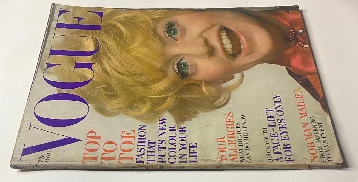 Another angle of the Vogue Magazine cover dated August 15, 1969 showcasing Goldie Hawn, photographed by Irving Penn. This cover features bright colors and the tagline 'Fashion That Puts New Colour in Your Life'.