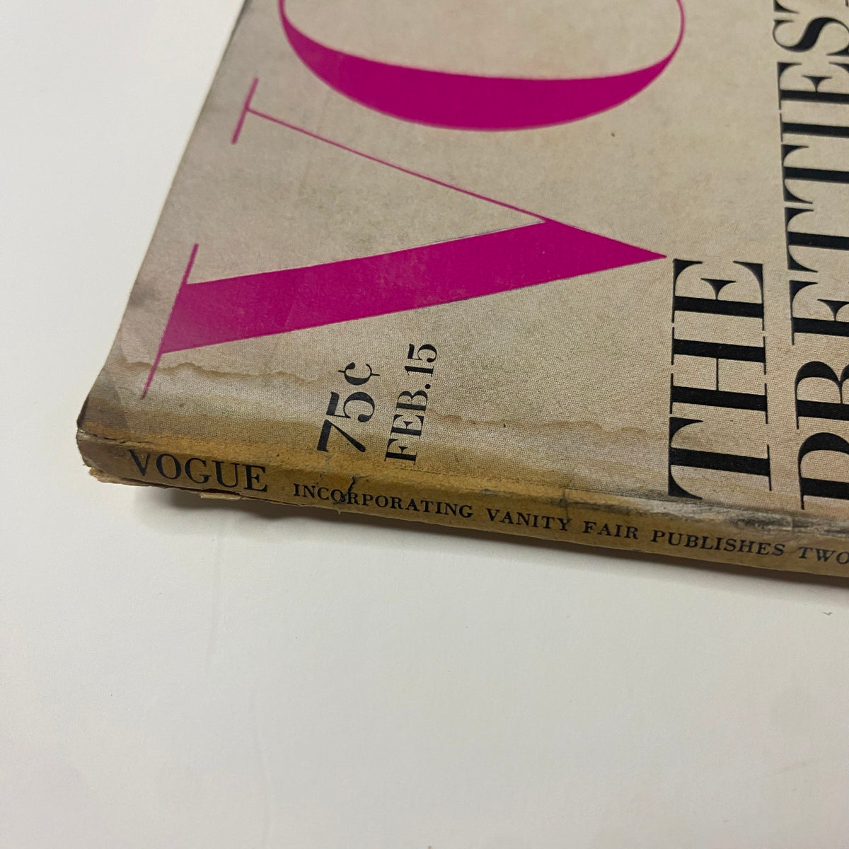 Spine of Vogue Magazine February 15, 1968, displaying magazine details including the date and price, emphasizing its vintage condition.