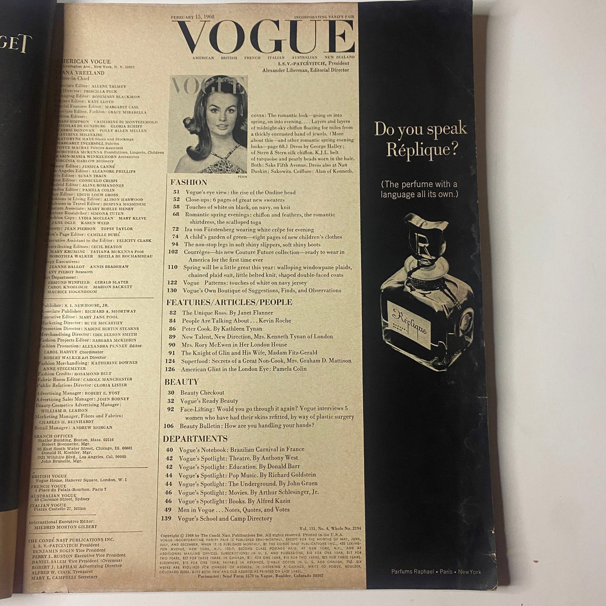 Inside contents page of Vogue Magazine February 15, 1968, listing articles and features, emphasizing its vintage editorial layout.