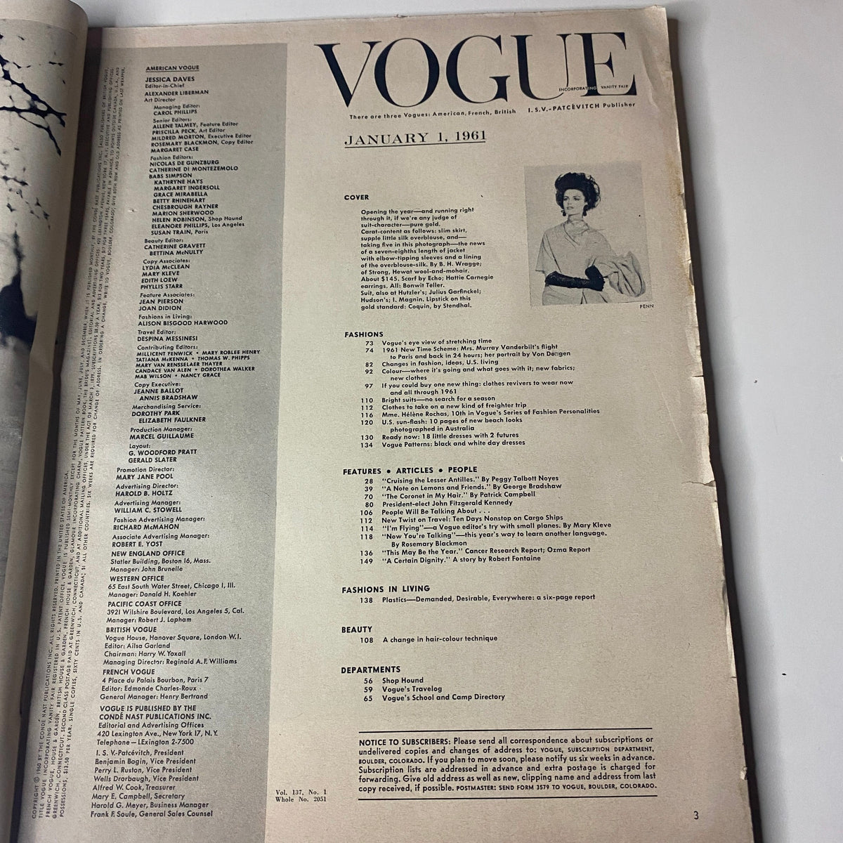 Interior page of Vogue Magazine January 1, 1961, displaying the table of contents, highlighting fashion articles and features that showcase the trends and culture of the early 1960s.