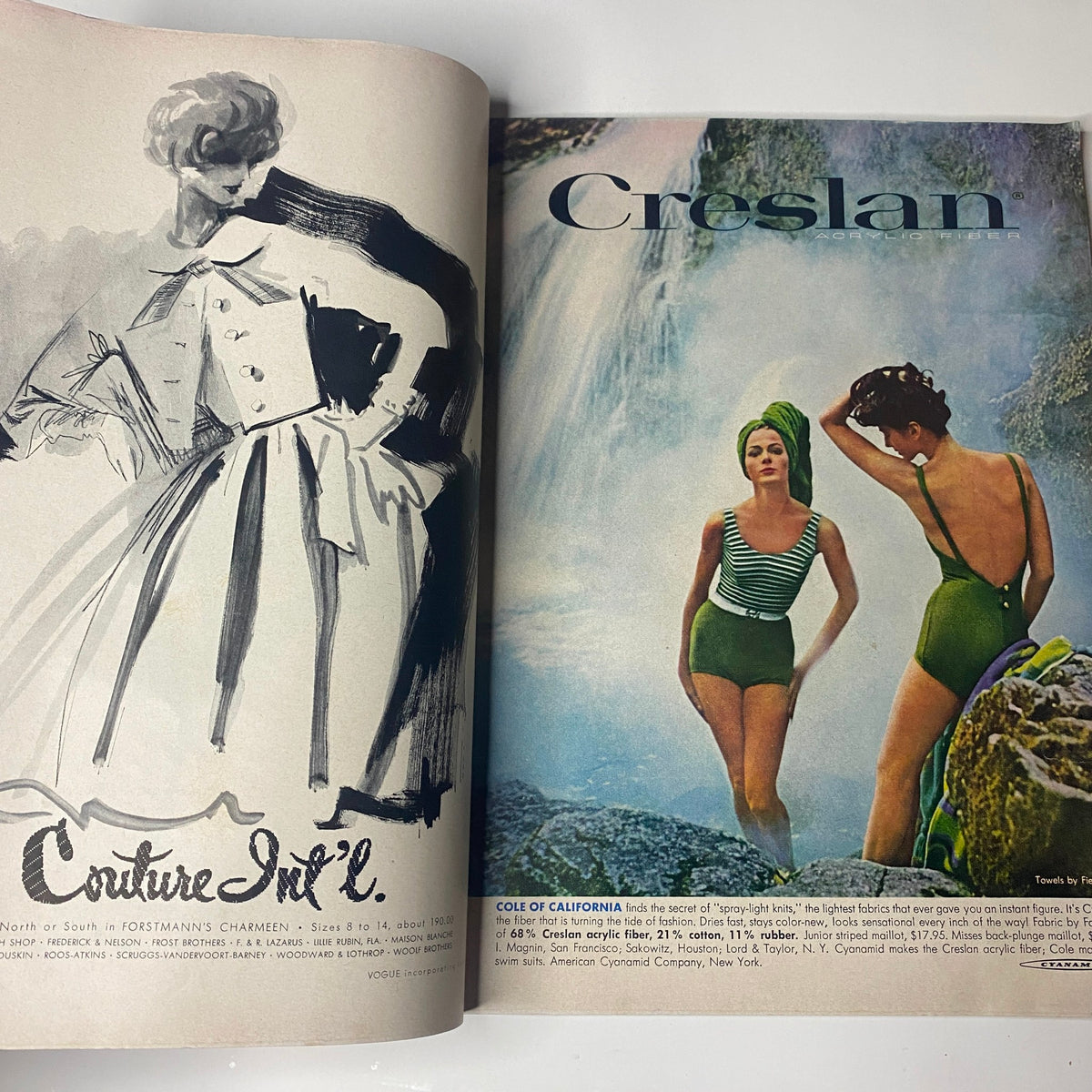Vintage advertisement showcasing swimwear featuring models in stylish one-piece swimsuits alongside a couture illustration in Vogue Magazine January 1, 1961, Dorothy McGowan Cover by Irving Penn.