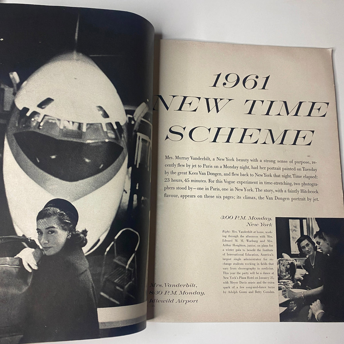 Page from Vogue Magazine January 1, 1961, featuring a striking photo layout about the 1961 New Time Scheme, showcasing luxury travel with an elegant focus on Mrs. Murray Vanderbilt.