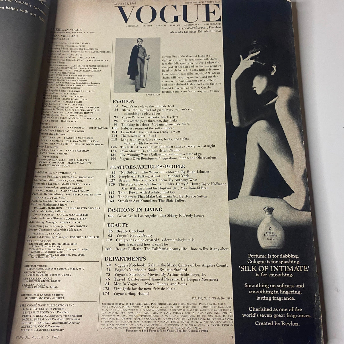Table of contents from Vogue Magazine August 15, 1967 featuring iconic fashion articles and features, highlighting Mia Farrow on the cover by David Bailey.