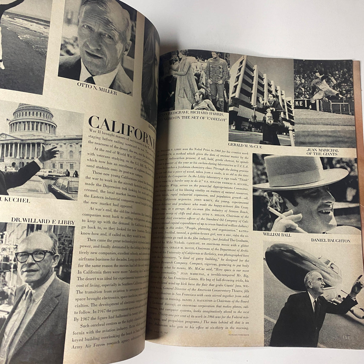 Articles and notable figures featured in Vogue Magazine August 15, 1967, highlighting California culture and influential personalities of the time.
