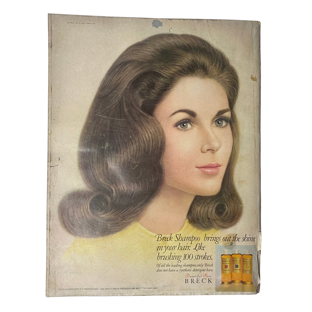 Vogue Magazine August 15, 1967 cover featuring an advertisement for Breck Shampoo with a woman showcasing glamorous hairstyles.