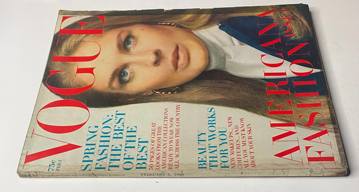 Vogue Magazine February 1, 1969 with a focus on American fashion, featuring Candice Bergen on the cover, highlighting spring fashion trends.