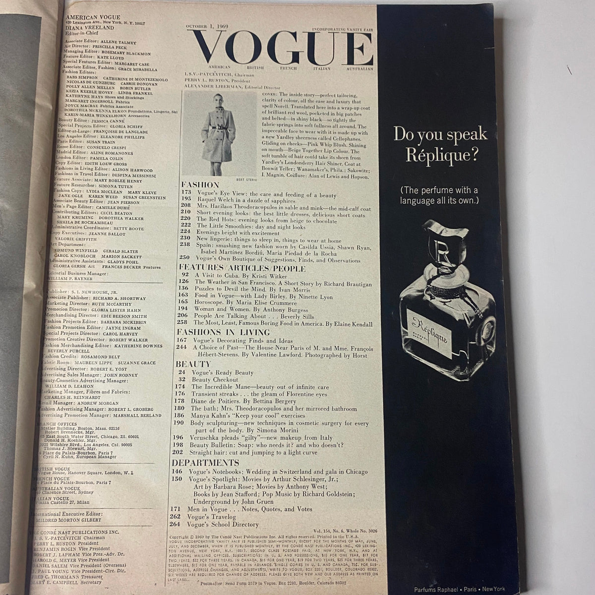 Vogue Magazine October 1, 1969 Jean Shrimpton Cover by Bert Stern featuring the table of contents page, detailing fashion articles and departments.