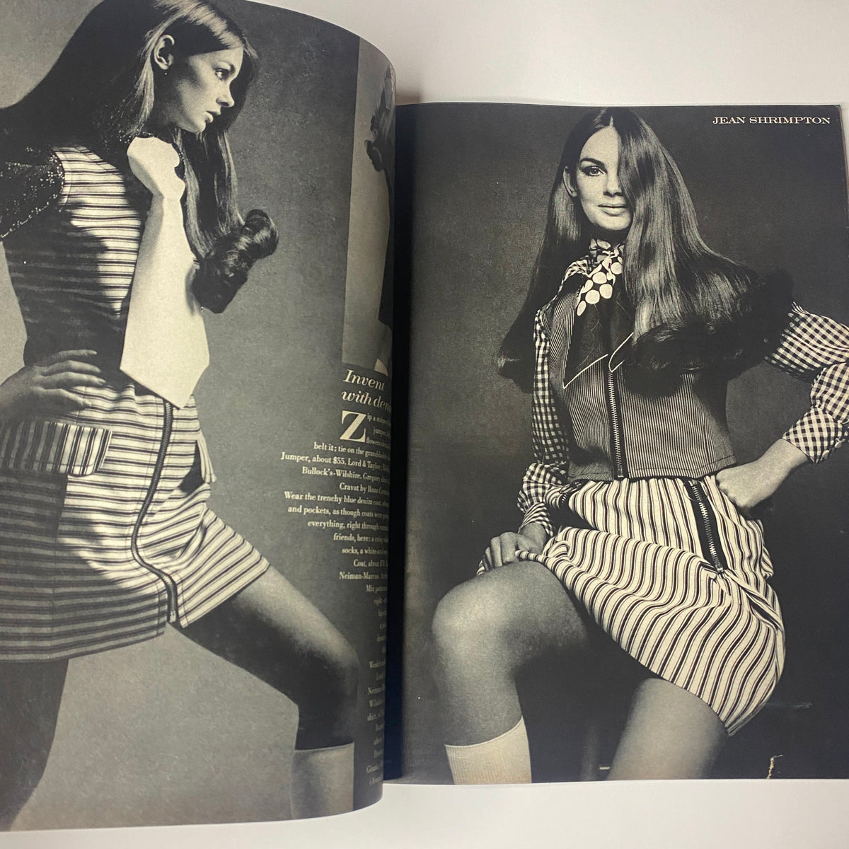 Jean Shrimpton featured in Vogue Magazine March 15, 1969, presenting fashionable attire in a striking black and white photograph.