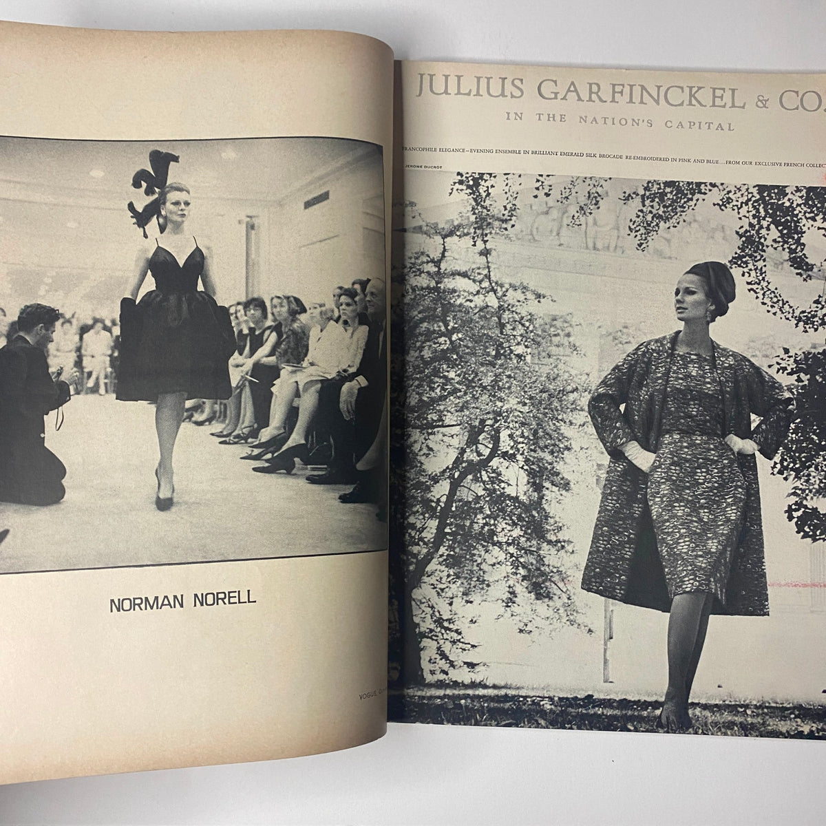 Fashion spread in Vogue Magazine, October 1, 1964, featuring a model in a Norman Norell design, capturing the elegance and sophisticated style of the era.